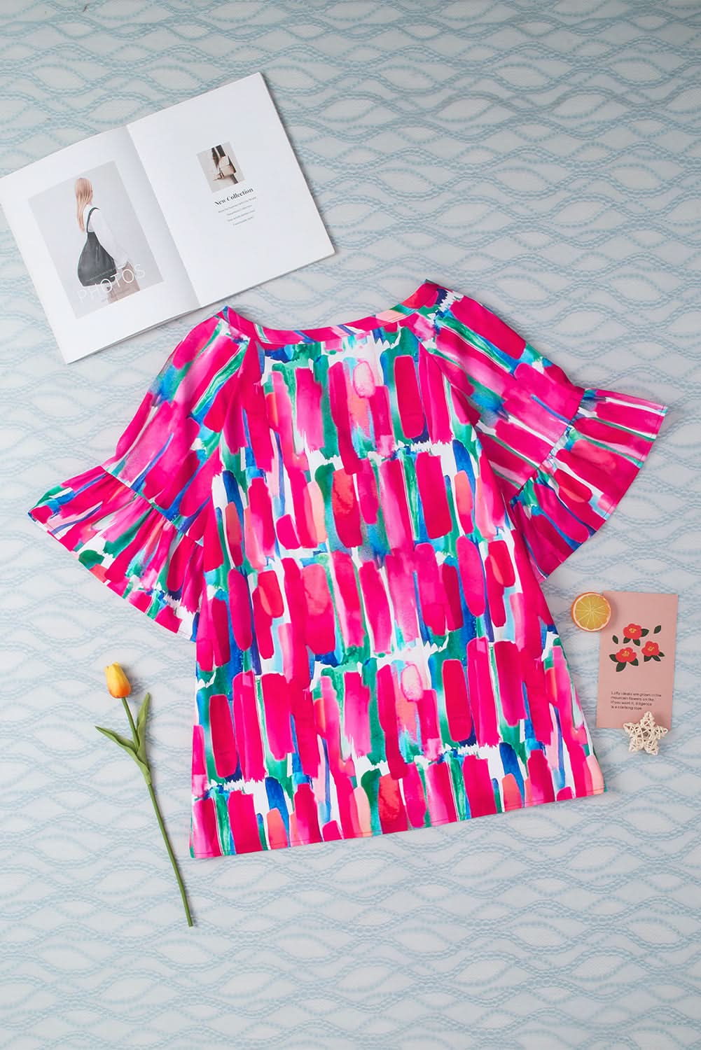 Rose Abstract Brushwork Print Buttoned V Neck Blouse - Love Salve